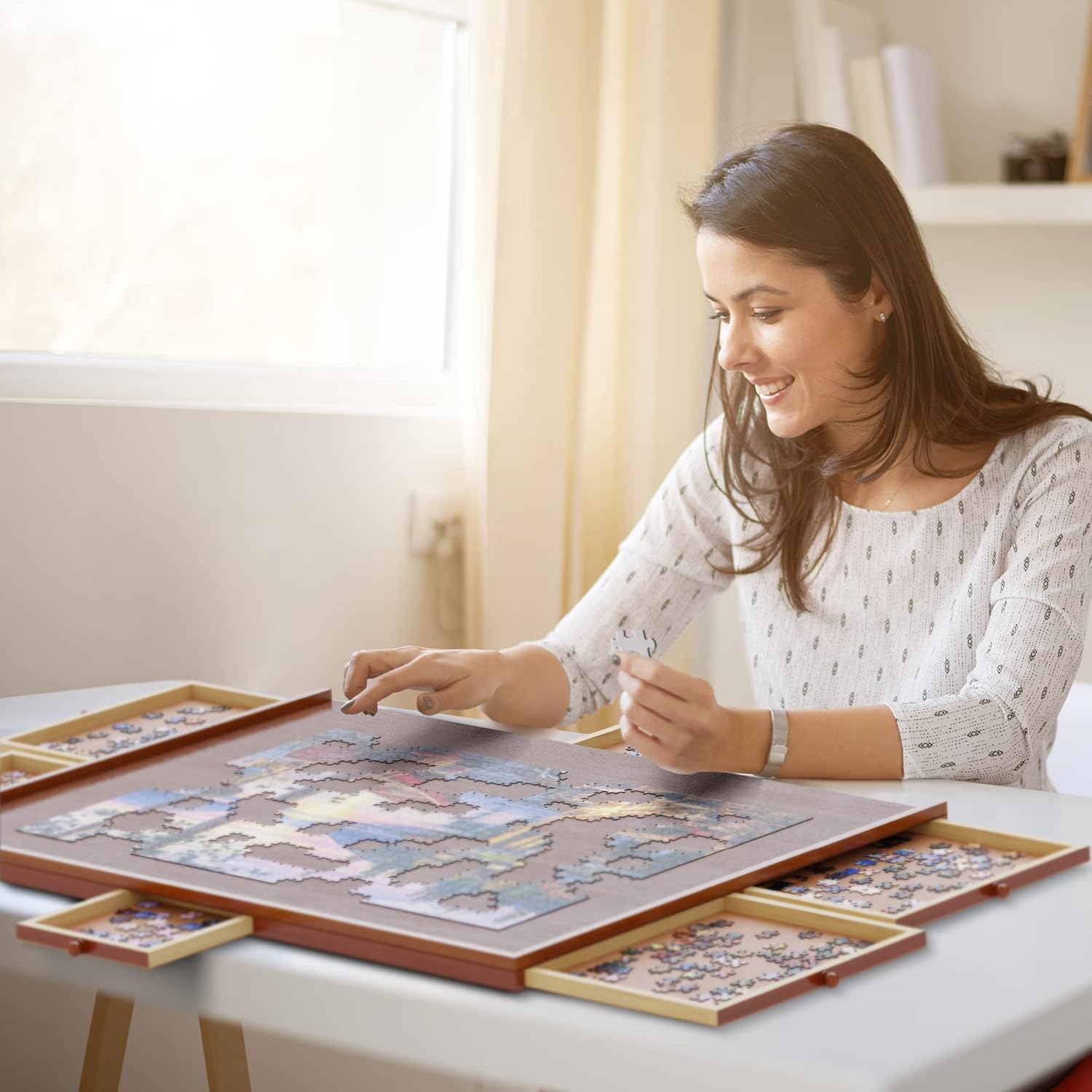 Plateau Puzzle 1500 Pièce – Avec Tiroirs de Rangement & Couvercle Protecteur